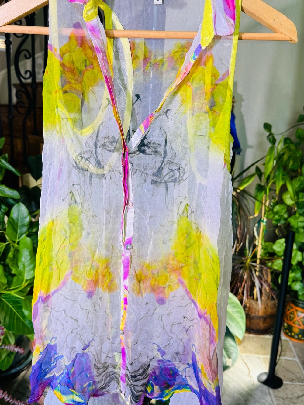 Ritu Kumar Sheer Floral Button-Front Robe in Yellow & Purple